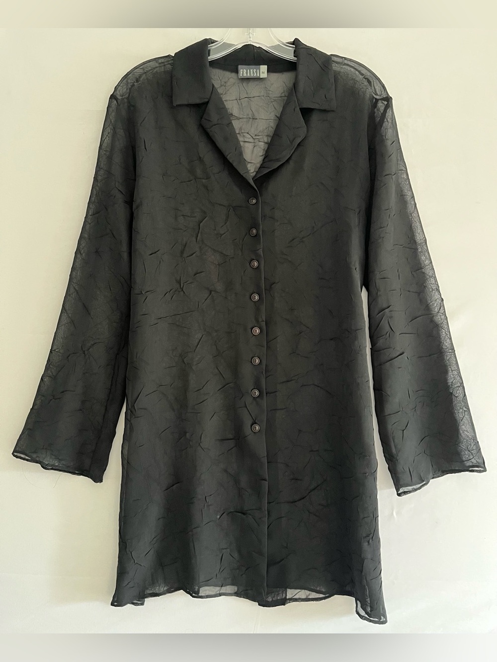 Fransa Black Crinkled Sheer Button Down Tunic Dress M